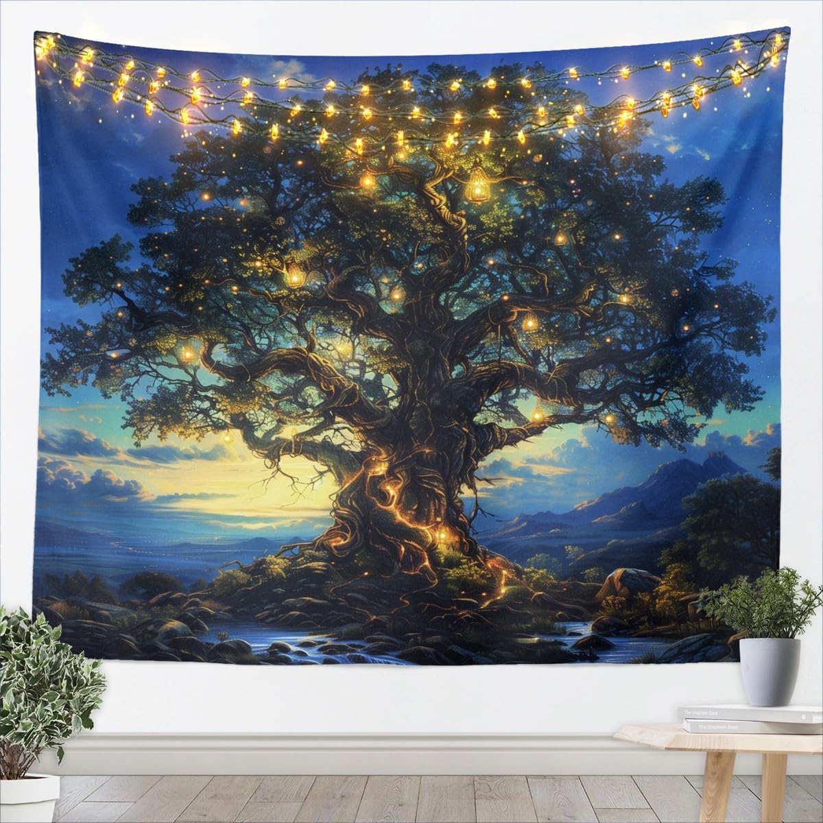 Wall Decor Lighting Tree - Роскошный гобелен с мистическим лесным пейзажем,